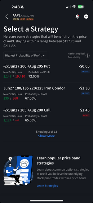 The options wizard select strategy on the iPhone. 